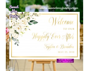 Ivory flowers Welcome Sign,Cream flowers Wedding Welcome sign,(123aw)